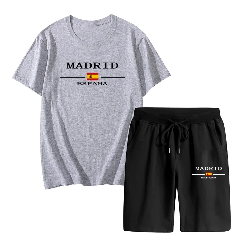 2025 Madrid Spain Pattern T-shirts 2pcs Set High Quality Pure Cotton Tops and Quick Dry Shorts Mens Casual Sports Football Suits