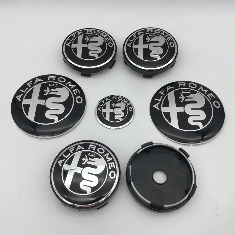 

2026 Hot Car Sticker 7pcs forAlfa Romeo Car emblem Wheel Cover caps front Hood badge rear Trunk Steering sticker Styling 2x74mm