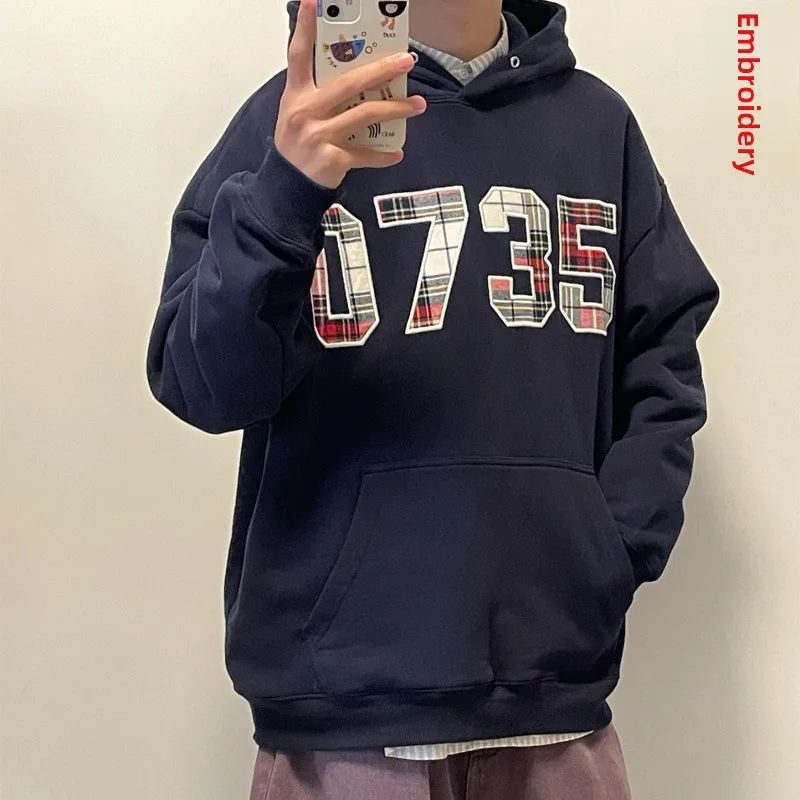 

Мужская толстовка оверсайз с вышивкой в клетку, свободного кроя, из комфортной полиэстеровой ткани, повседневная куртка с капюшоном