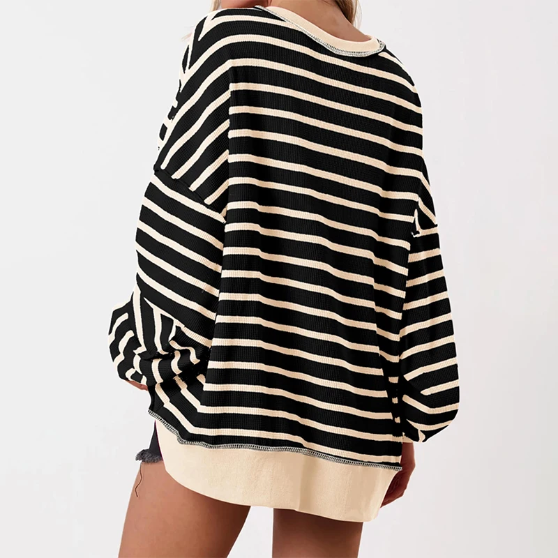 Fall Trendy Women’s Striped Colour Block Waffle Sweatshirts Henley Button Up Contrast Oversized Pullover Casual Y2K Streetwear