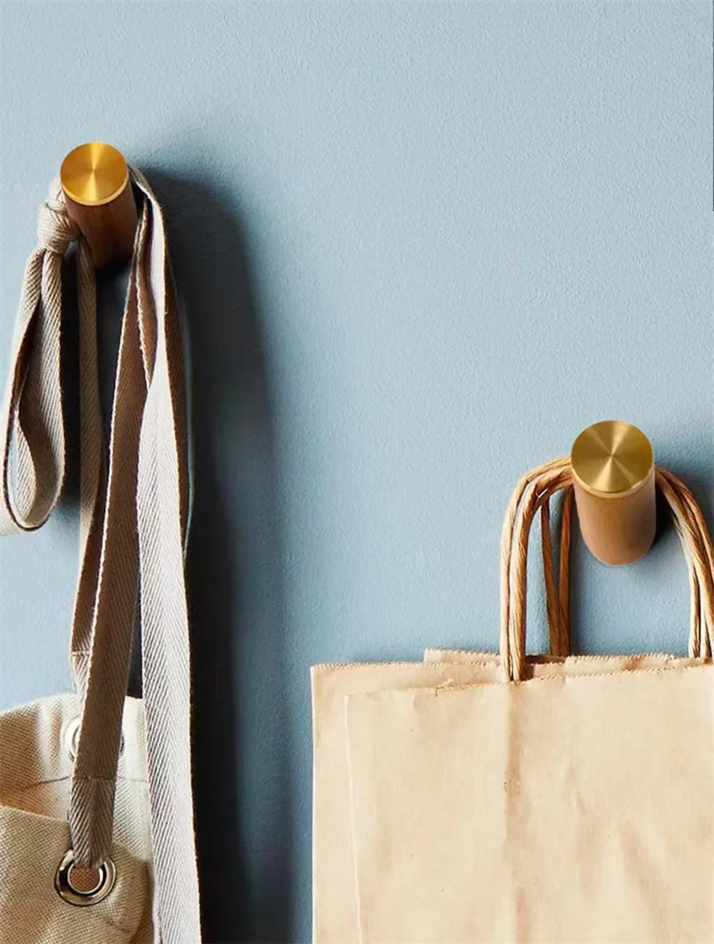 Nordic Wooden Wall Mounted Hook Brass Walnut Towel Hooks For Bathroom Clothes Coat Hanger Bedroom Door Decoration Rack