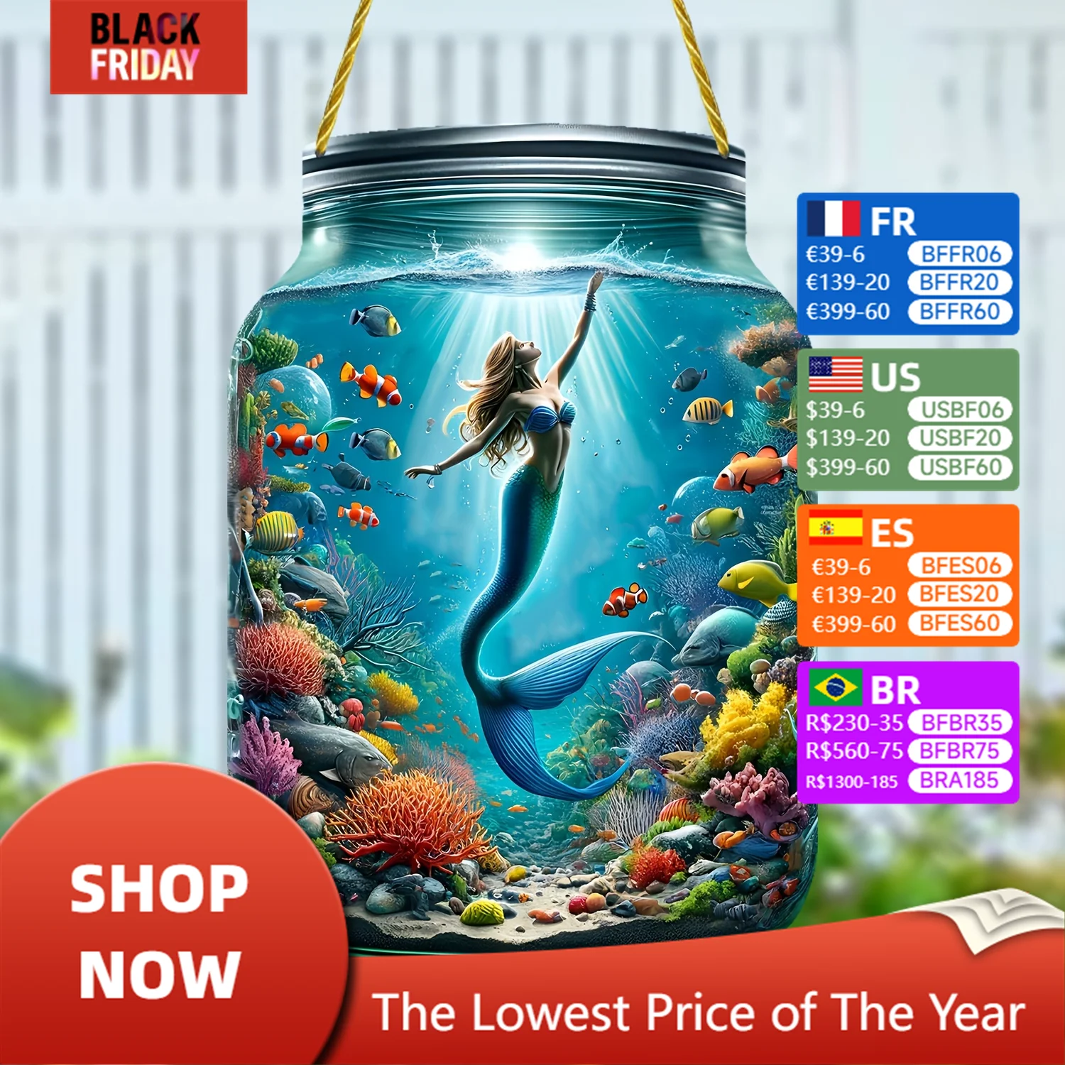 Mermaid transparent mason jar,underwater world,acrylic pendant,decorative signage for bedroom,living room,doors windows patio