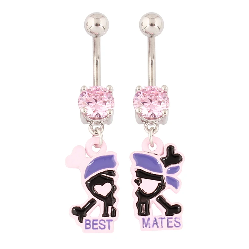 A pair Belly button ring Skull Pink stone best mates 14G 10mm stainless steel rod Body Piercing Nicke free