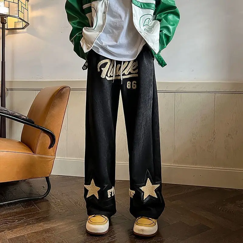 

Summer New Casual Pants Men Retro Fashion Straight Men Streetwear Drawstring Letter Hip-hop Versatile Trend Loose Streetwear