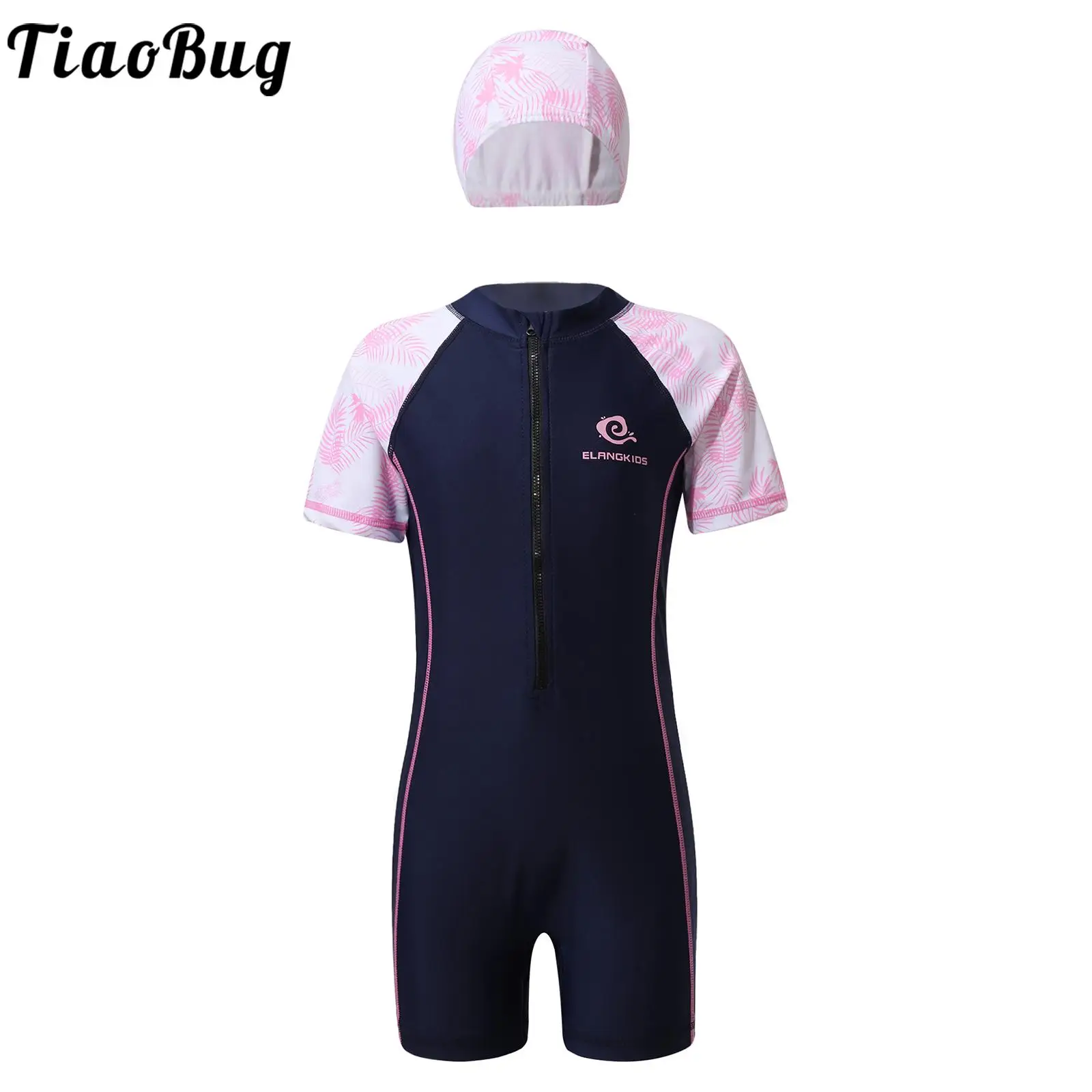 Kids Girls One-piece Swimsuit Rash Guard Short Sleeve Jumpsuit Athletic Swimwear with Hat Surfing Bathing Training Beachwear