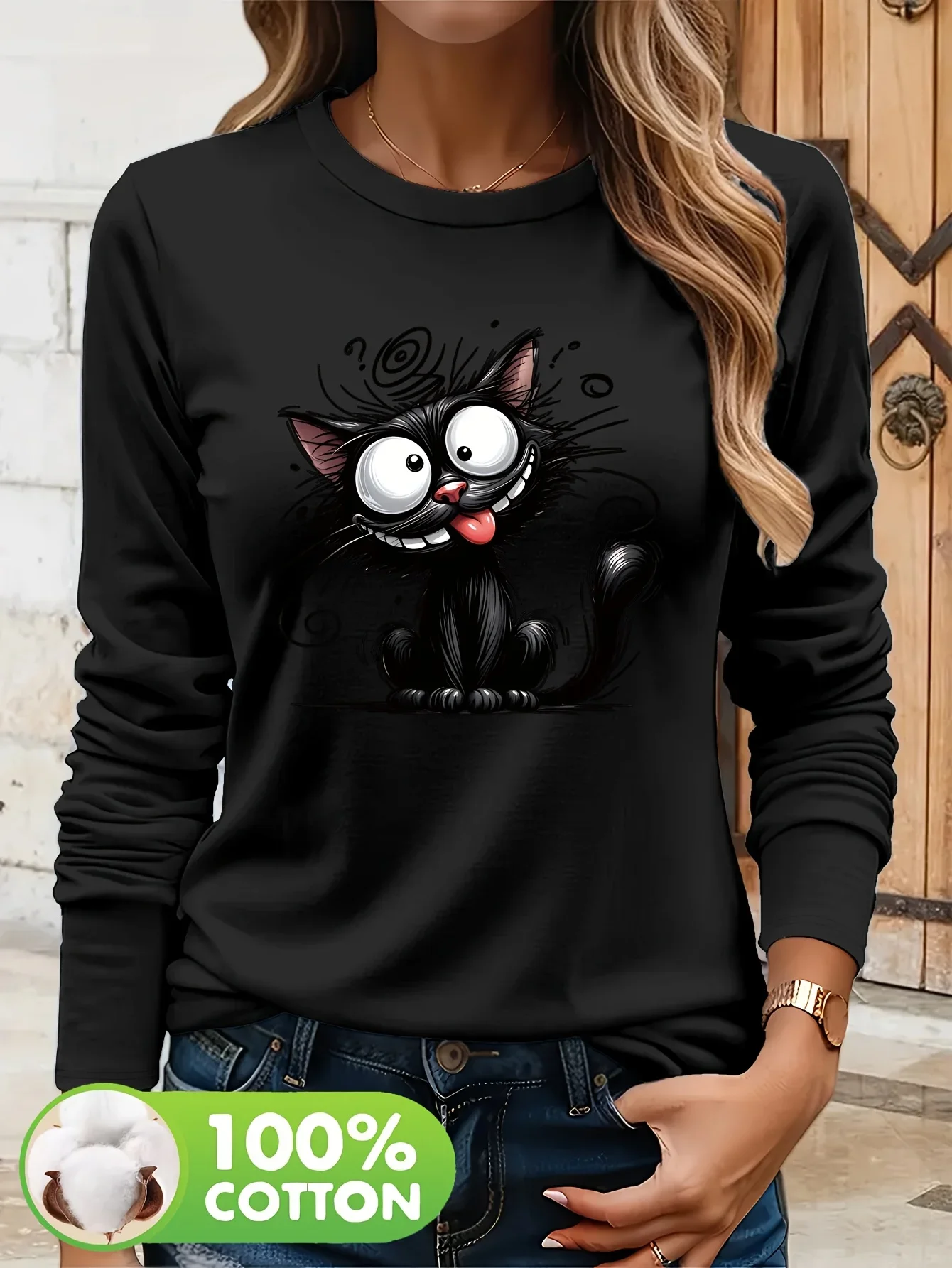 Kawaii 100% Cotton Long Sleeve T-Shirt with Playful Black Cat Graphic Casual Round Neck Women'S Top Tee for Fall Winter
