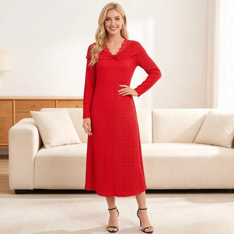 

Плиссированное платье Miyake 2026: Новинка весенней коллекции, французское кружево, пэчворк, V-образный вырез, длинный рукав, средней длины, свободный крой, большие размеры, модное, элегантное