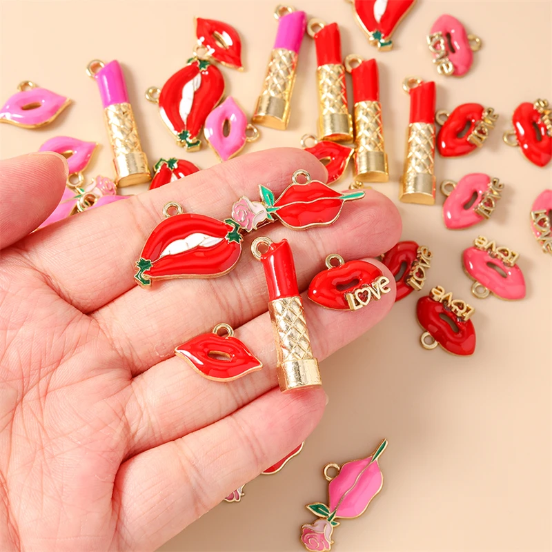 10 Stück Niedliche Gemischte Emaille-Anhänger in Form von Roten Lippenstiften für die Herstellung von Ohrringen, Halsketten, Armbändern, DIY-Handwerk und Schmuckzubehör – Detail 1