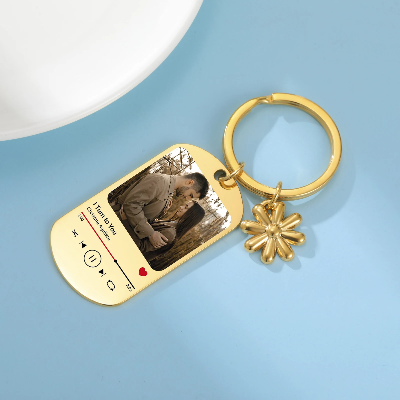 Customized Photo Text Keychain Square Flower Pendant Women Men Stainless Steel Jewelry Personalized Party Couple Christmas Gifts view 4