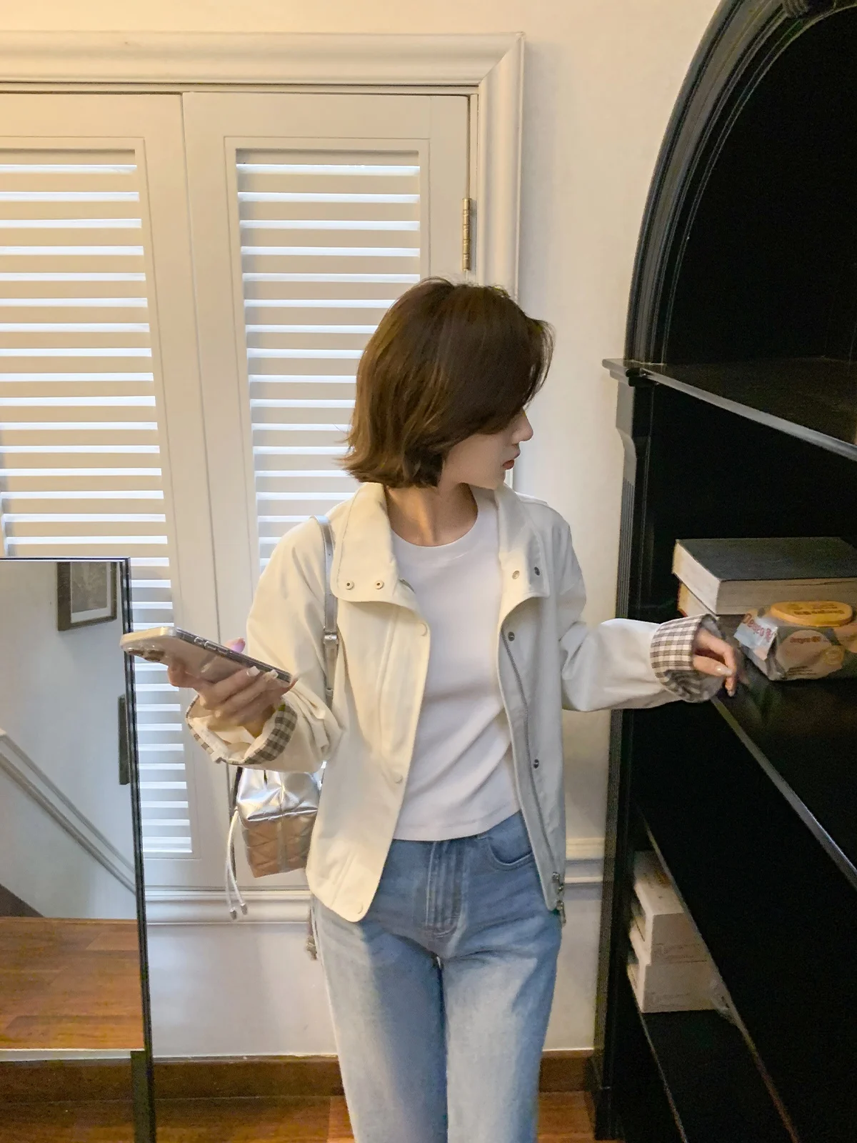 

Fall 2025 New Plaid Color Blo Cotton Jaet Women's Faion Loose Fit ort Coat Yellowi-Brown Long Sve Zipper Closure