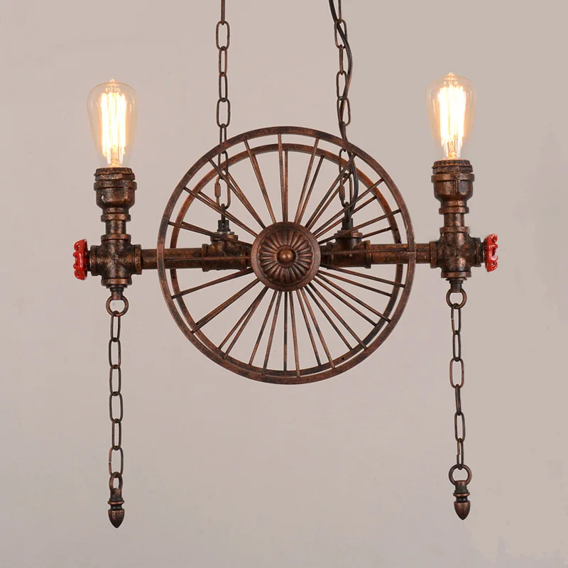 

Retro Loft American Iron Wheel Industrial Chandelier Light Restaurant Bar Dining Room Light Droplight Water Pipe Pendant Lamps