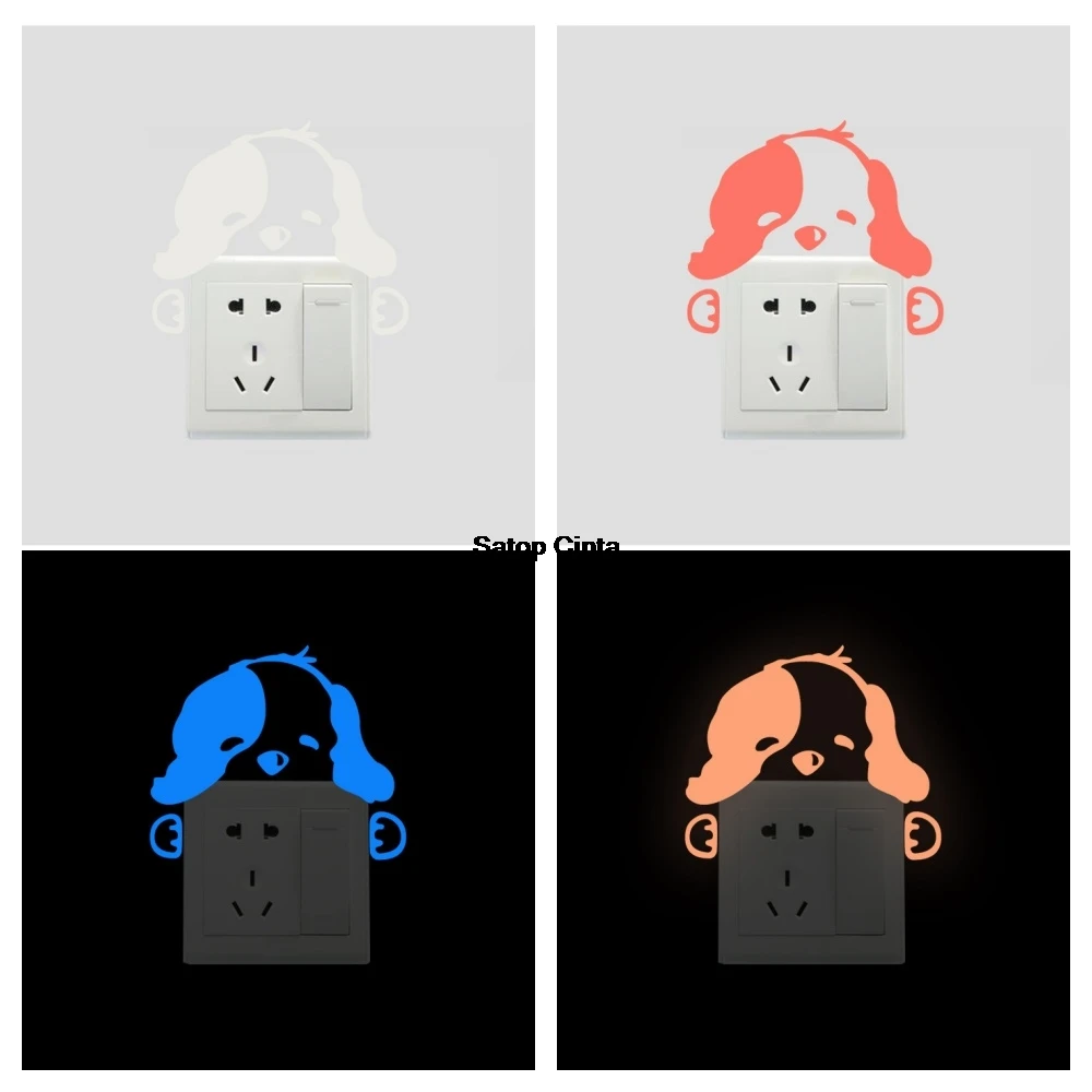 1pcs Cute Dog Glow In Dark Light Blue Switch Adhesive Stickers Luminous Cartoon Animal Wall Decals For Kids Bedroom Nursery Home