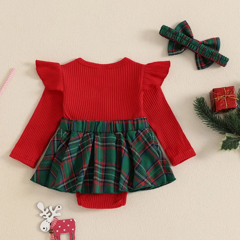 0 to 18 Months Christmas Baby Girls Bodysuit Dress Deer Embroidery Plaid Skirt Hem Toddler Jumpsuit with Headband