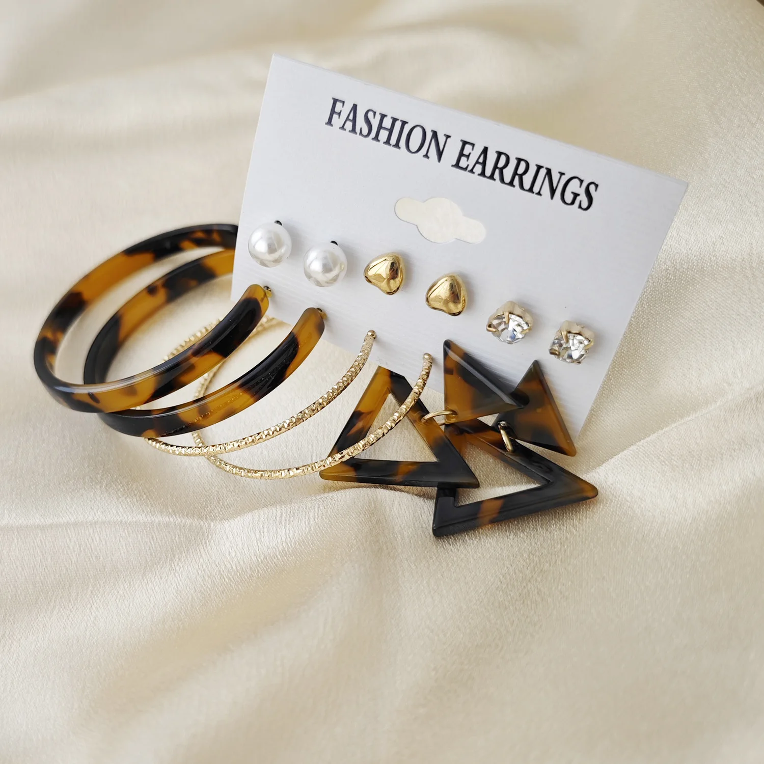 Retro Circle Pearl Earrings, 6 Pairs Combination, Fashionable and Stylish, Creative Acrylic Geometric Earrings