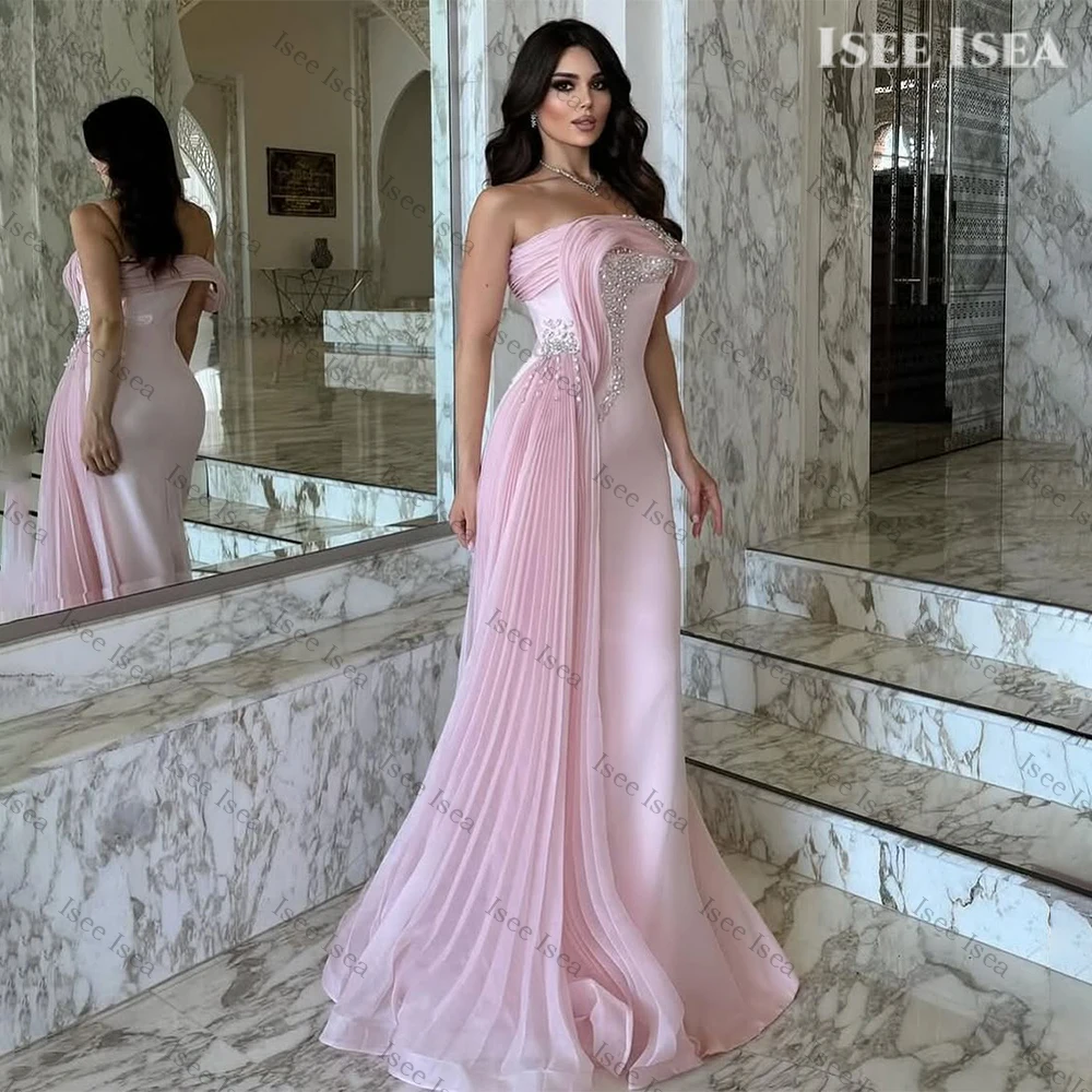 Romantische rosa Abendkleider, Satin, Perlenstickerei, trägerlos, elegant, Afrikaans Na Category – Roter Teppich-Stil, Meerjungfrau, Abschlussball, Erwachsene, individuell