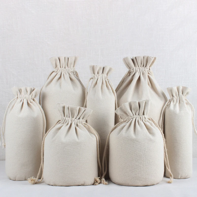 Large Capacity Cotton Linen Drawstring Bag Round Bottom Rice Grain Flour Food Storage Bags Household Sundries Packaging Sacks