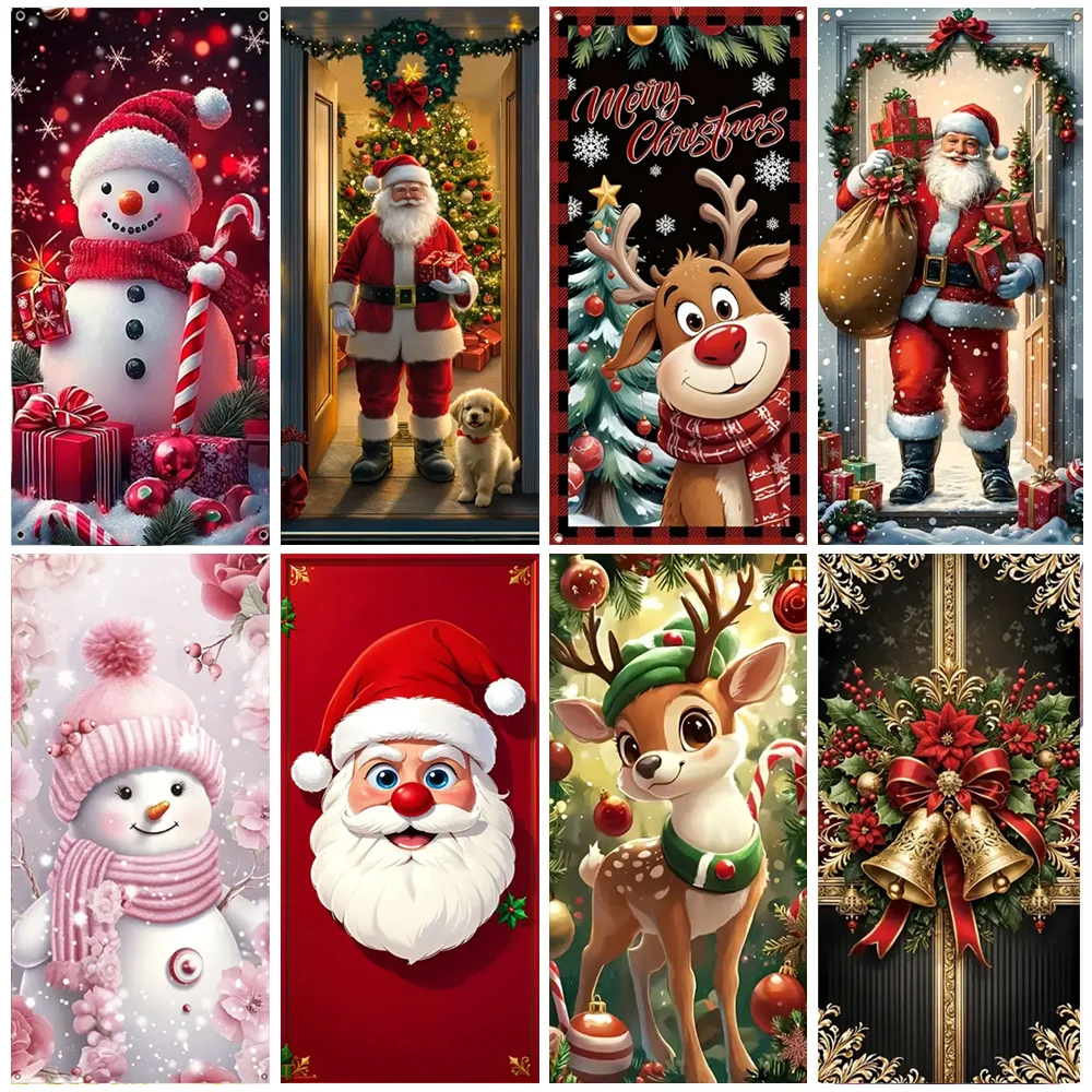 

Merry Christmas Door Hanging Banner Xmas Backdrop Cartoon Snowman And Cute Elk Party Decorations Wall Decor Gift New Year 2026
