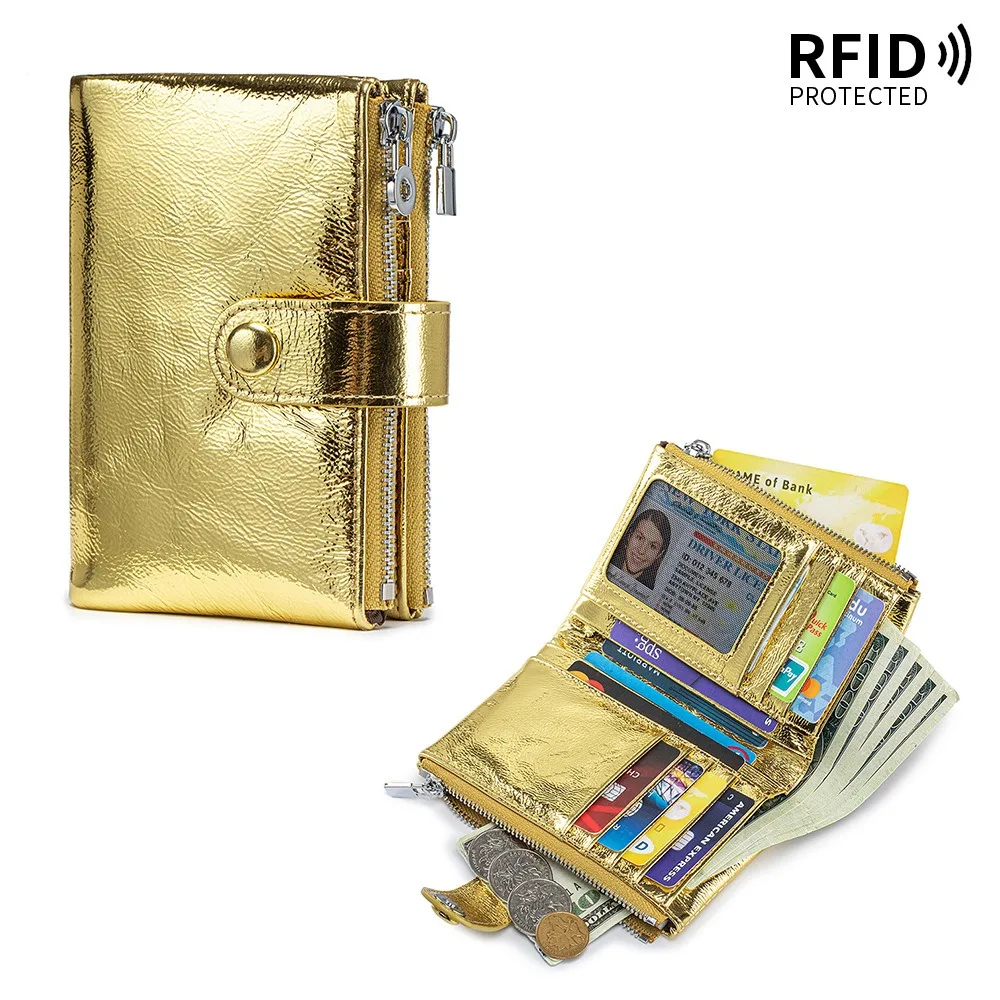 Portable RFID Protected Leather Short Wallet Double Zipper Pockets ID Photo Window Multi‑Card Slots Bifold Wallets for Women