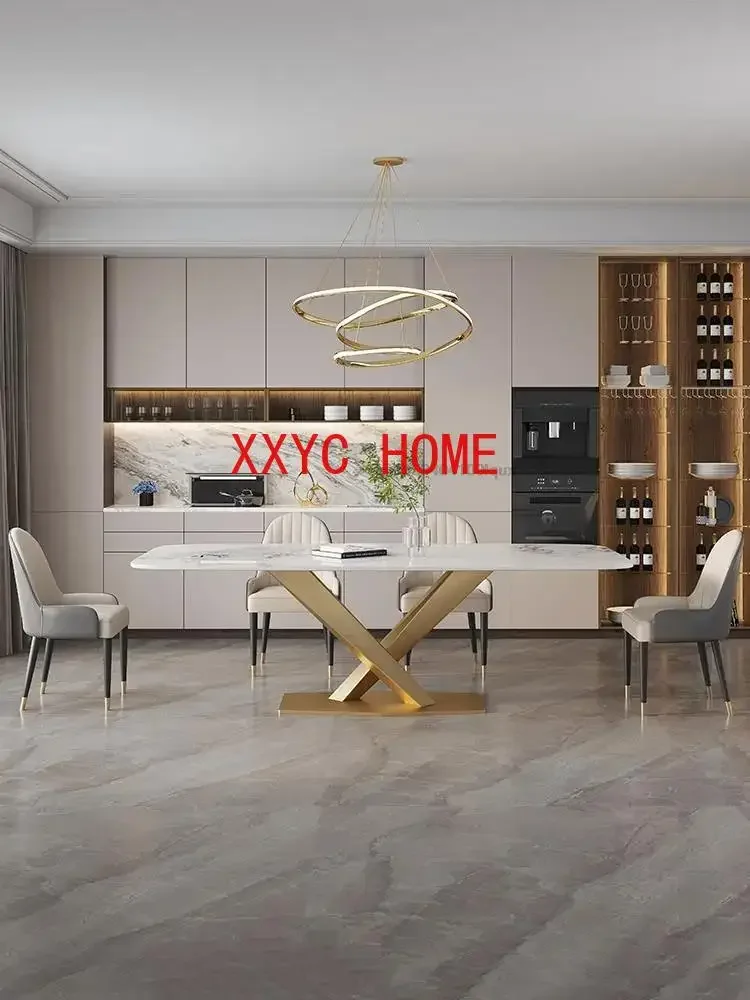 Luxurious Kitchen Table In Rectangle Marble Desk Top Stainless Steel Golden Finish 6 People Luxury Dining Table And Chair Set