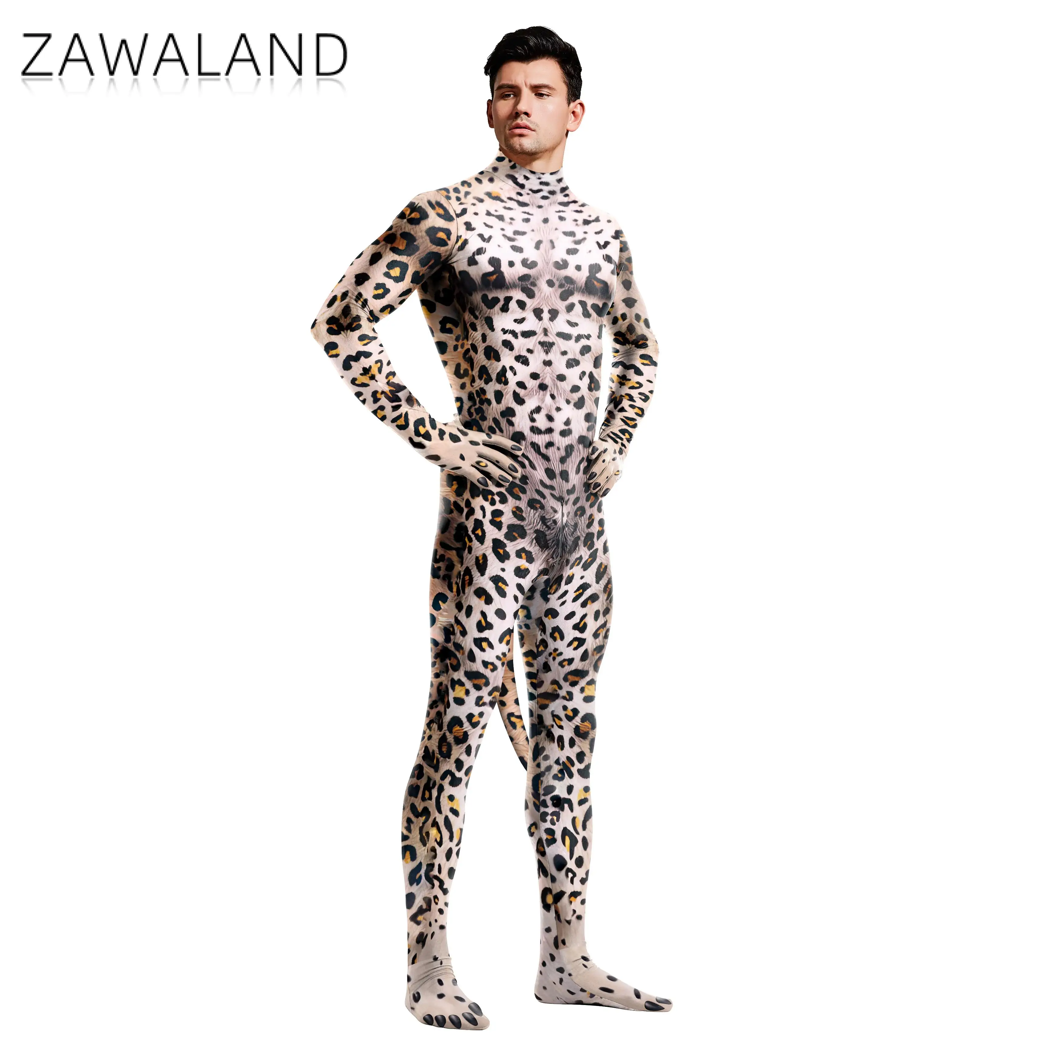 Zawaland Cheetah Cosplay Kostuum Met Staart Halloween Kruis Rits Jumpsuits Man Vrouw Luipaard Catsuit Dier Zentai Bodysuits