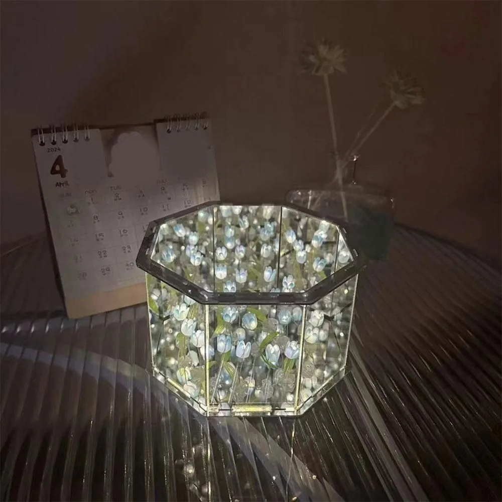 New Handmade Tulip Night Light Acrylic Desktop Decoration LED Flower Lamp DIY Assembly Tulip Mirror Lamp Bedroom Decor