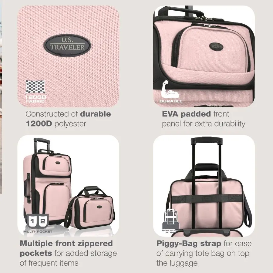 軽量ソフトサイドローリングキャリーオンスーツケース、2輪セット、ピンク