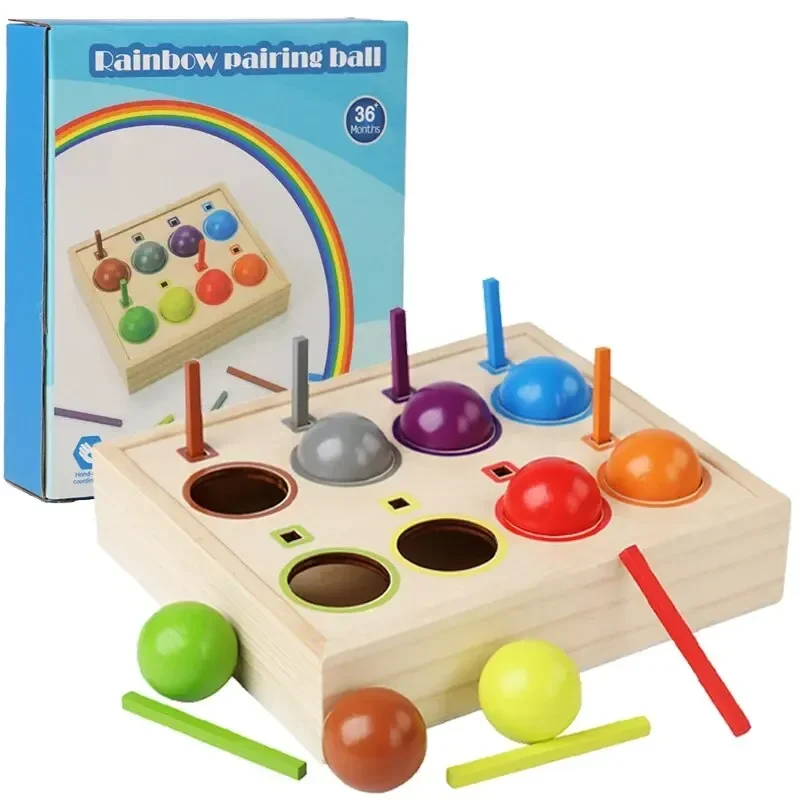 Rainbow Ball Matching Montessori Wooden Toy Color Sorting Cognitive Sensory Game Fine Motor Training  Educational Toys