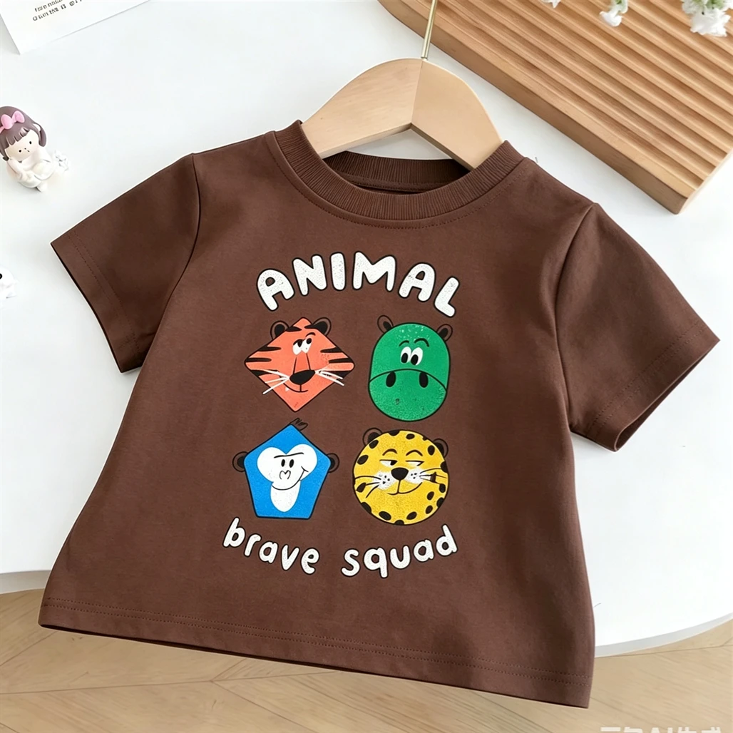 Brown T Shirt Children Summer Clothes Cartoon Printed Crewneck Bottoming Shirt Simple All-match Tees Baby Boys Trendy Tops