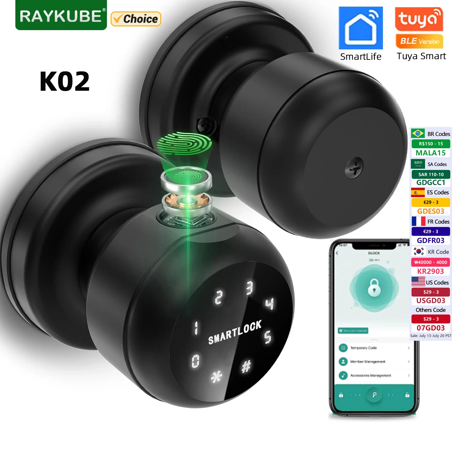 

RAYKUBE K02 Round Knob Fingerprint Smart Lock Tuya Bluetooth Biometric With Mechanical Key/Password/APP Unlock Easy Replacement