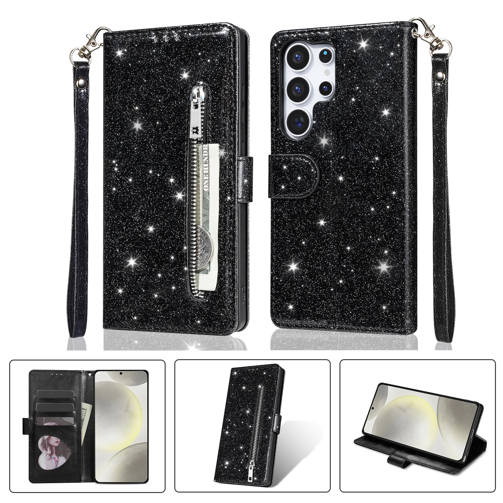 Leather Glitter Zipper Card Holder Wallet Phone Case For Samsung Galaxy S26 Ultra S25 S24 A56 A16 A55 A36 A15, Flip Stand Cover