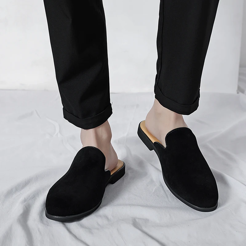 2023 New Summer British Style Men\'s Mules Shoes 28.5CM Fashion White Daily Dress Slipper Black Hombre Yuppie Banquet Casual