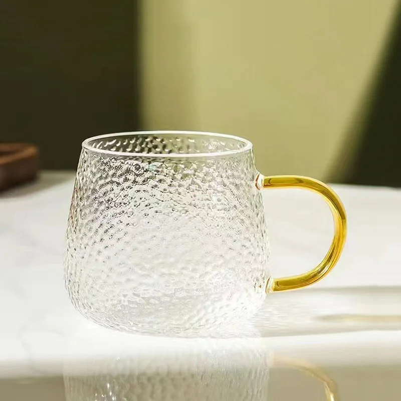 330ml Tea Cup with Yellow Handle Hammer Patterned Glass Mug Creative Beer Glass Classic Heat-resistant Water Cup Hospitality Mug