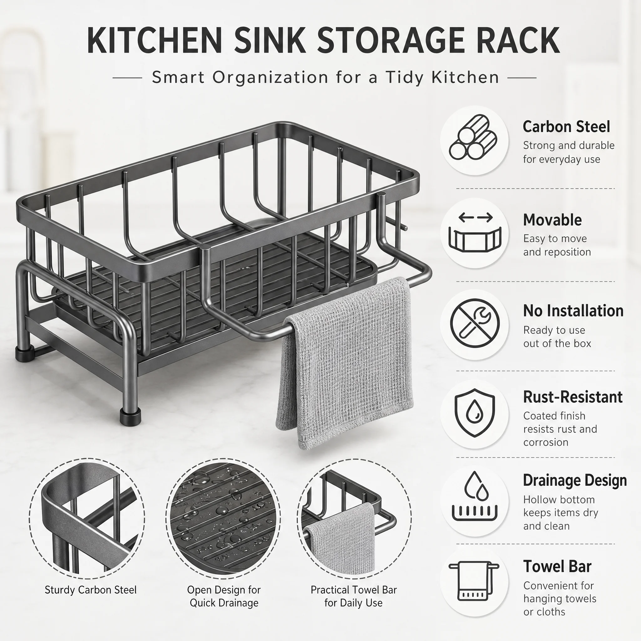 Kitchen Sink Organizer Rack Carbon Steel Sponge Holder Dish Soap Caddy with Towel Bar No Drilling Movable Rust-Proof Drainage Countertop Storage