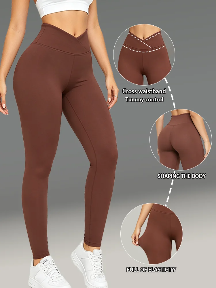 New Spring and Summer Women's Brown Tight Leggings, High-Waisted, Comfortable, Soft and Elastic, Cross-Waist Design, Sports Yoga