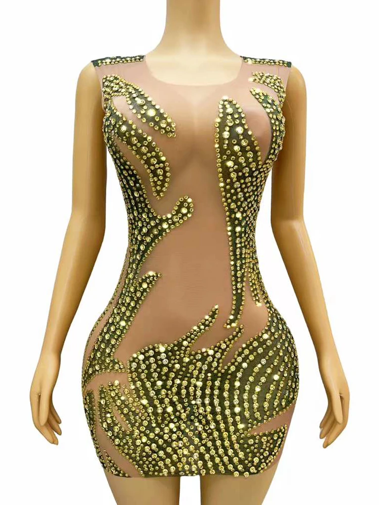 

Shining Yellow Rhinestones Sexy Nude Transparent Dress Birthday Celebrate See Through Outfit Evening Women's Performance Costume