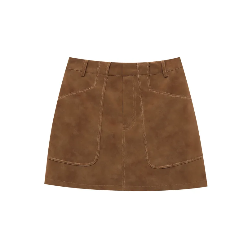 Early Spring New Suede, High-end Sense, Big Pocket Temperament, Thin A-shaped Skirt