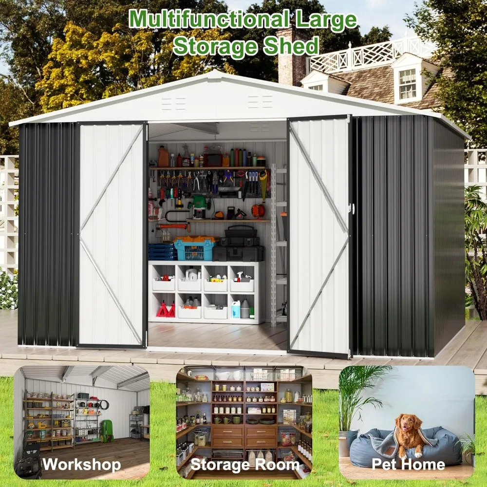 12x10 FT Outdoor Storage Shed, Garden Sheds with Updated Frame Structure and Lockable Doors, Metal Tool Sheds, Storage Shed