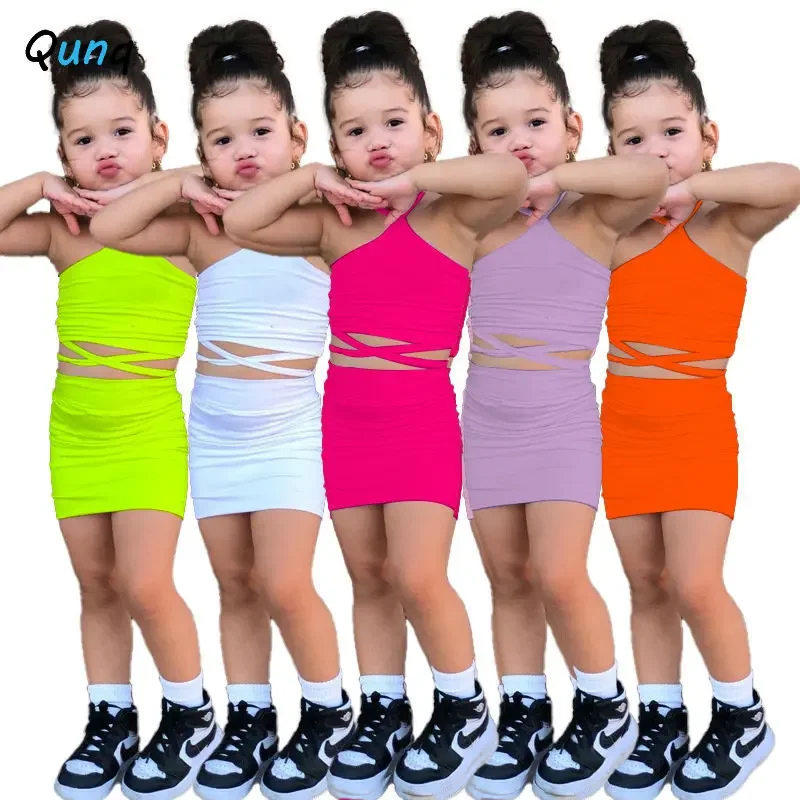 Qunq Summer New Girls Solid Hanging Neck Skinny Sleeveless Top + Skirt 2 Pieces Set Fashion Lovely Casual Kids Clothes Age 3T-8T