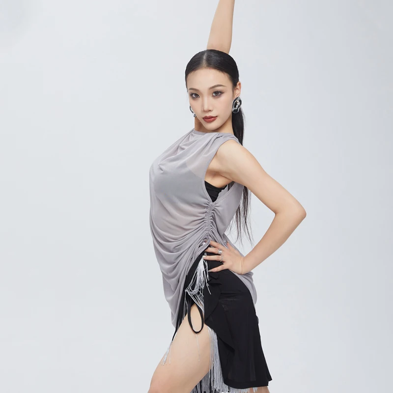 2025 High-End Latin Dance Performance Costumes For Women Drawstring Top Double-Layer Mesh Tassel Skirt Latin Dance Wear DQS19371