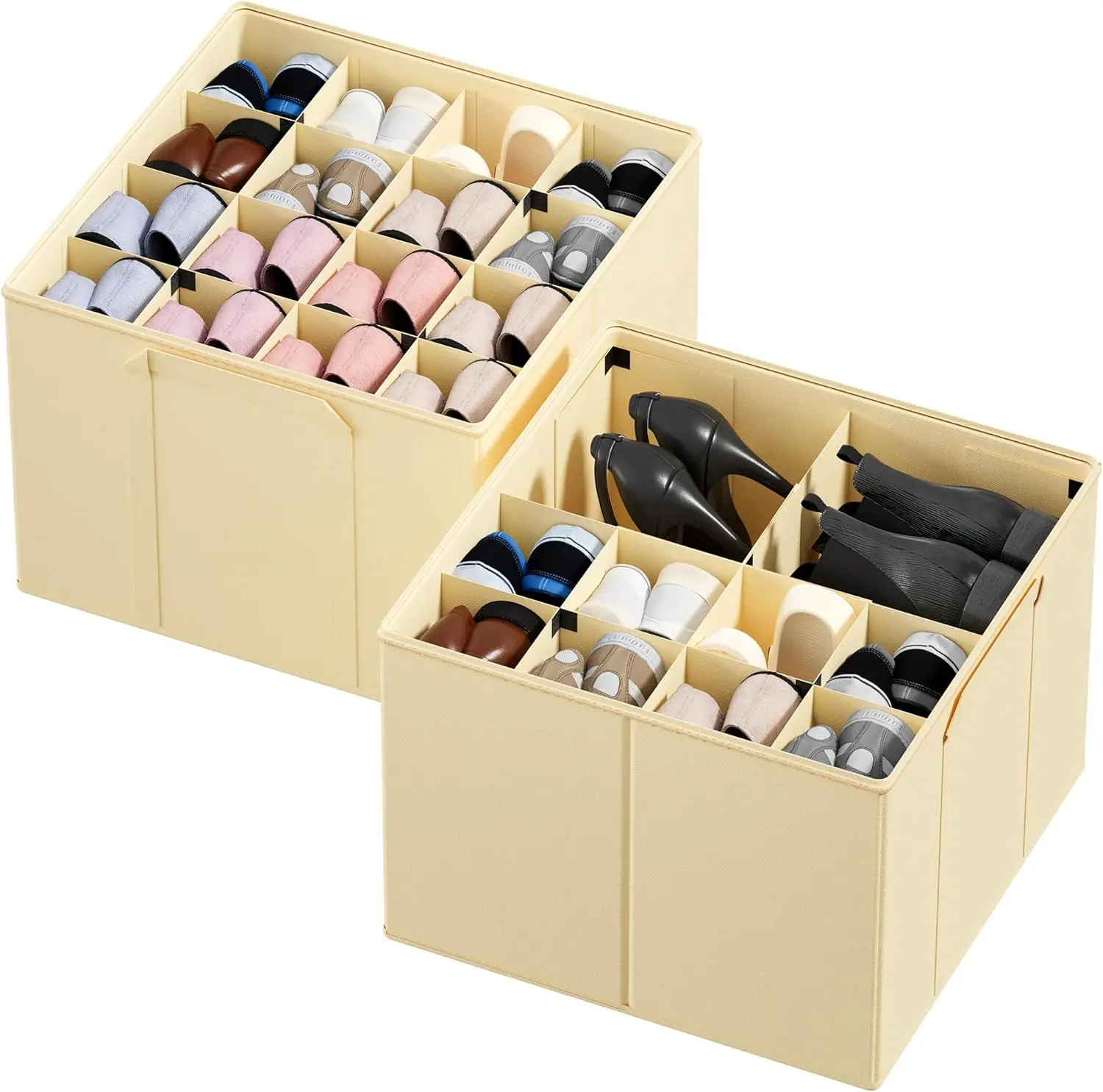 Shoe Organizer for Closet, 2 Pack Foldable Shoe Storage Containers Baskets Boxes Bins w/Adjustable Dividers