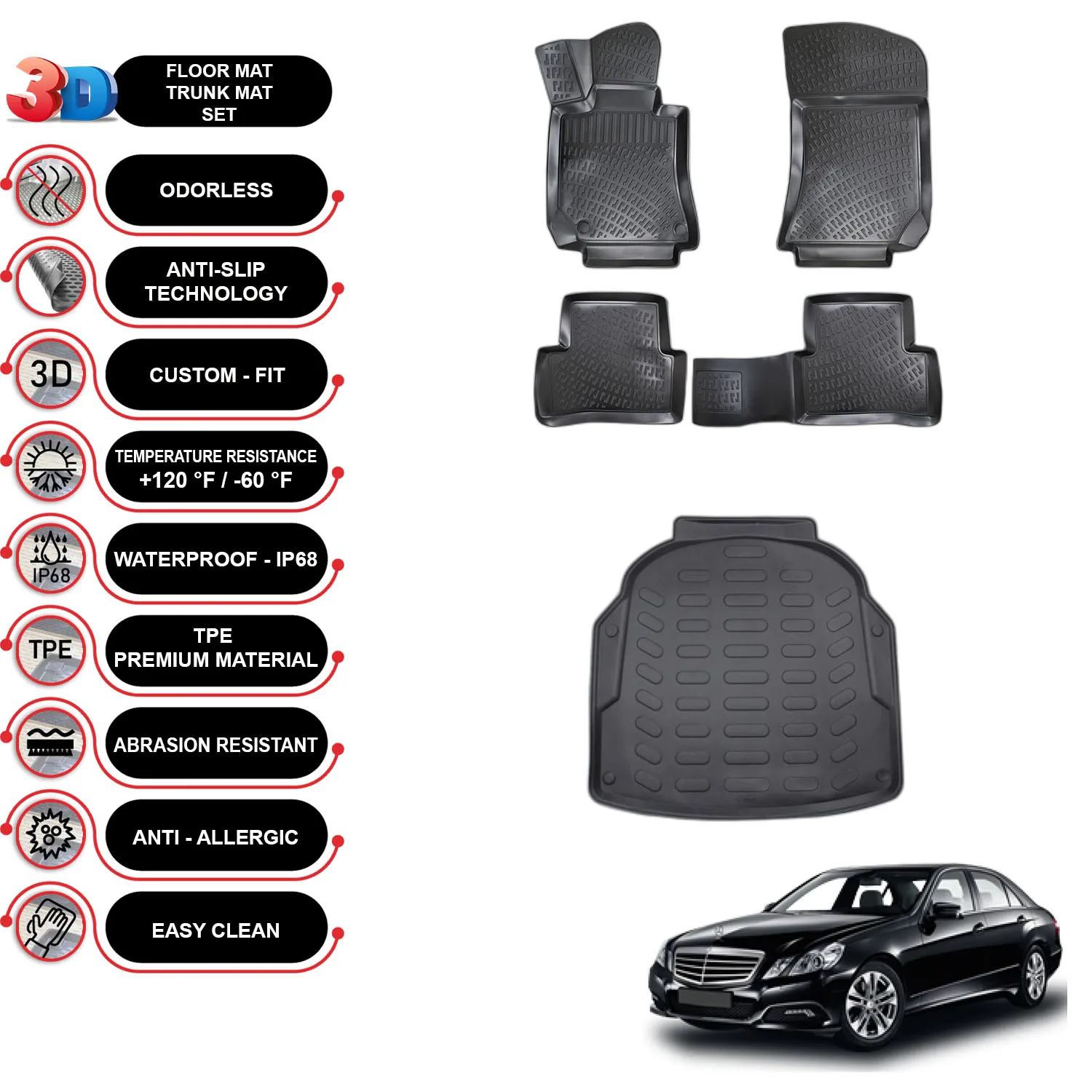 

Mercedes E-Class W212 - (2010-2016) - Floor Mats + Cargo Trunk Liner - SET - (Black)