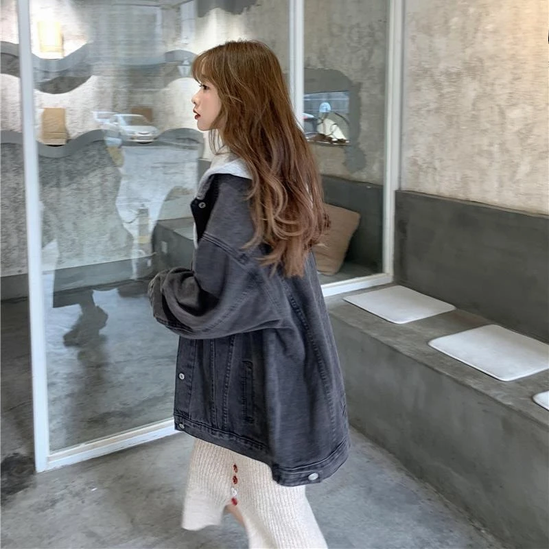 

Korean Style Women's Spring Autumn Hooded Denim Jacket 2025 New Casual Couple Illusion Two Piece Relaxed Fit Petite Student