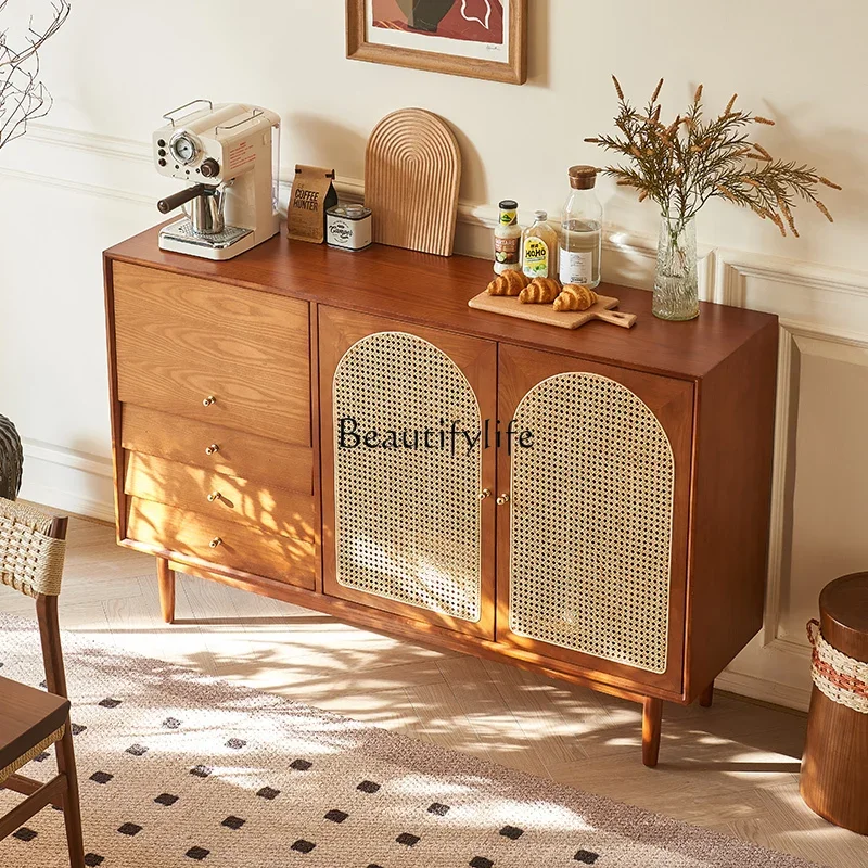 

yj7 Wabi Sandy Wind Solid Wood Dining Side Cabinet Small Apartment Living Room Nordic Rattan Locker