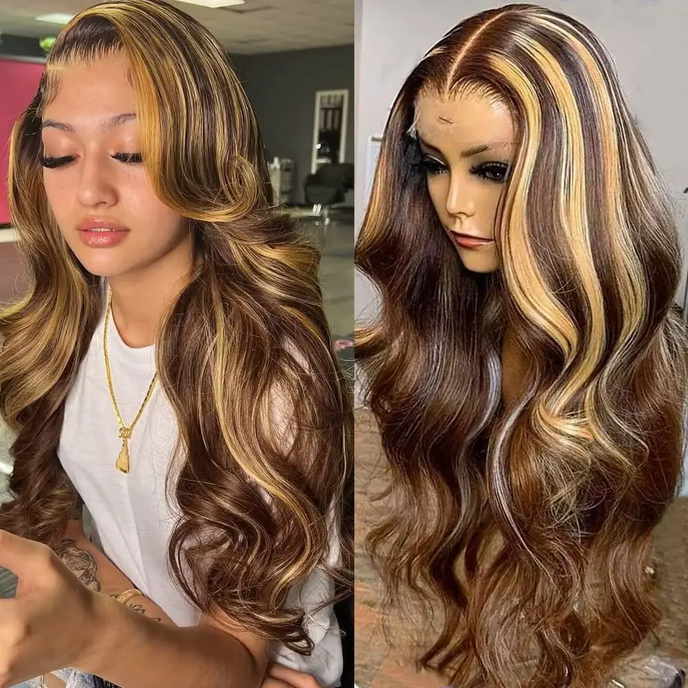 Highlight Body Wave 13x6 Lace Frontal Wig Human Hair Ombre Honey Blonde 13x4 Lace Front Wig Pre Plucked Highlight Human Hair Wig