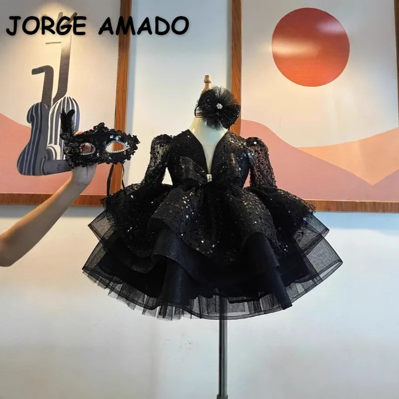 Baby Girl Dress Long Sleeve Sequin Bow Princess Dress for Wedding Party Pageant Birthday Ball Gown Children Formal Clothes B1538