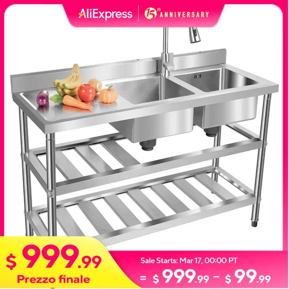 Stainless-Steel Double Bowl Sink Set W/Faucet& Storage Shelves, Commercial Restaurant Sink, 201 Stainless Steel Utility Sink