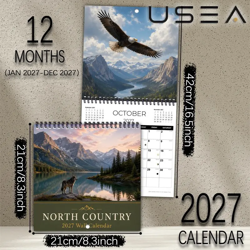 2027 Wall Calendar,Monthly Planner, Hanging,Large Writable Blocks, US Federal Holidays, North Country Wildlife Scenery