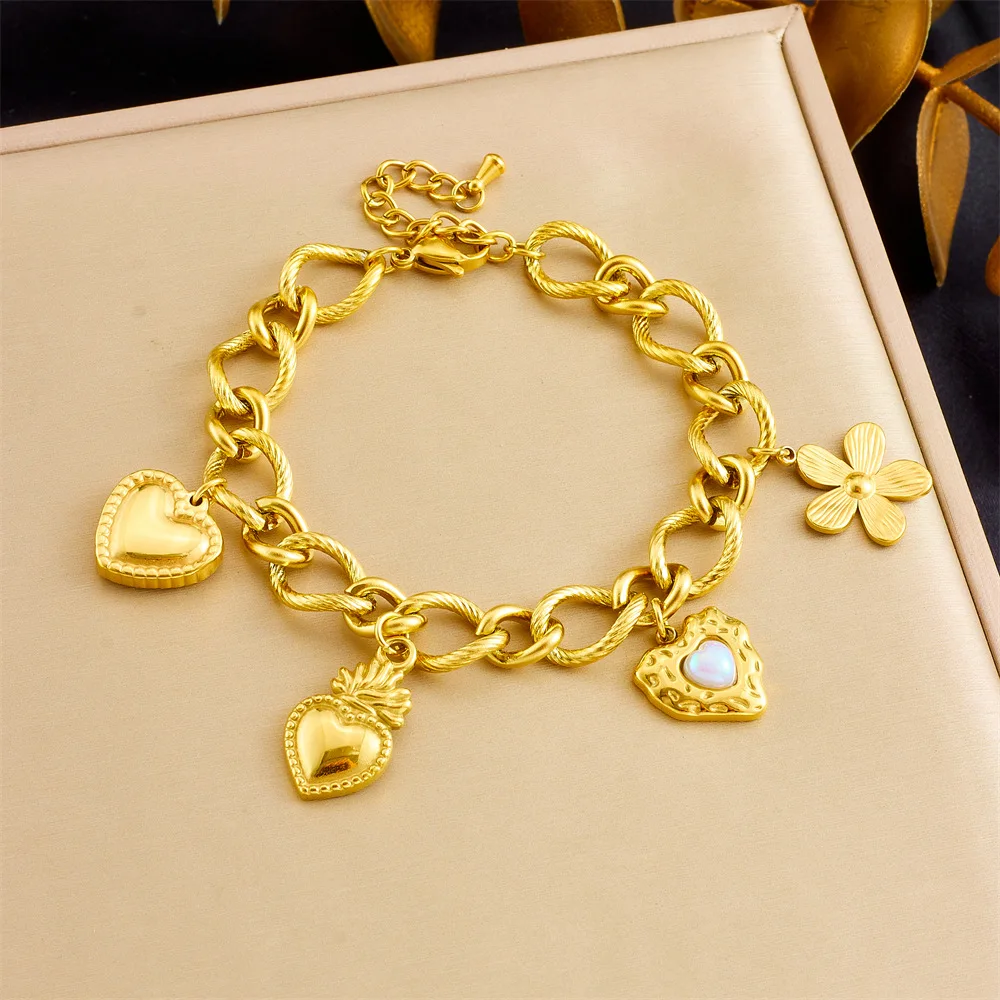 

Cross border new gold-plated stainless steel O-chain flower heart chain Cuban neutral style jewelry bracelet
