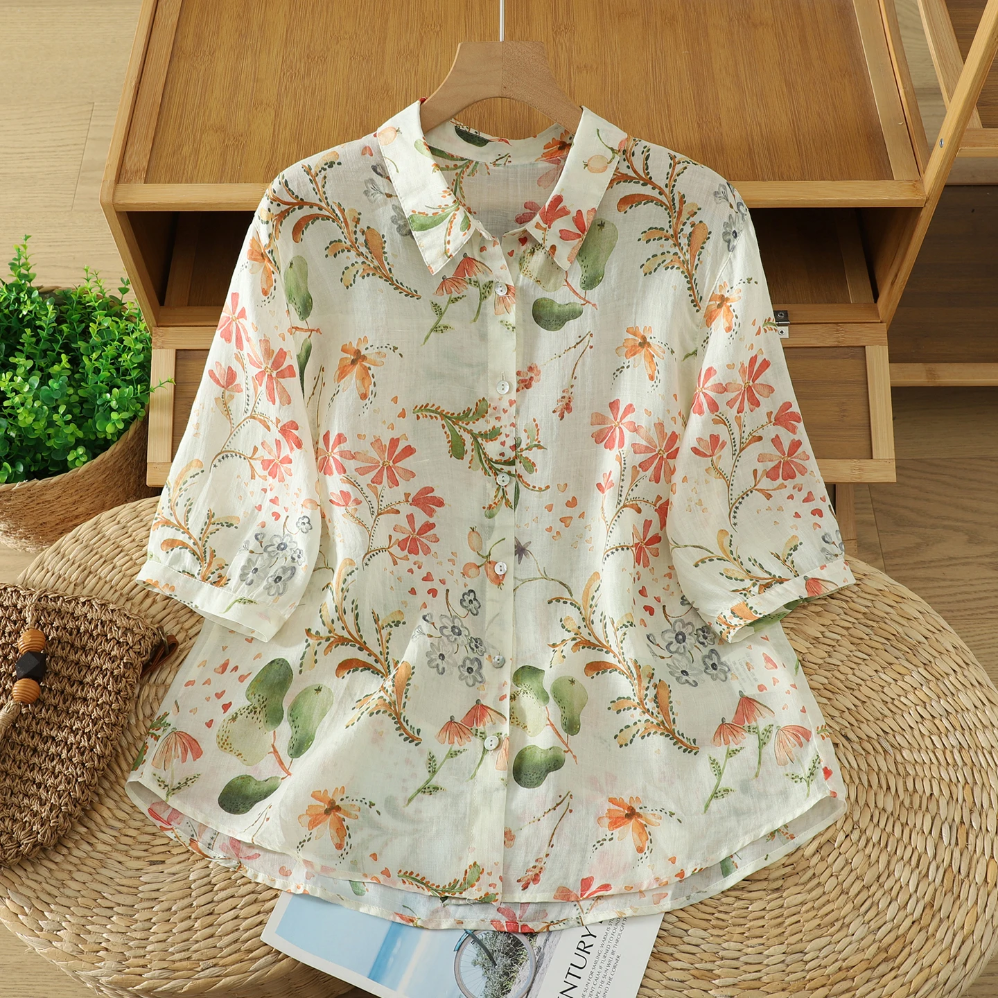 

Ladies Fashion Print Shirt Summer New Style Loose Fit Short Sleeve Turn-down Collar Large Size Casual Wear Daily Plant Flower