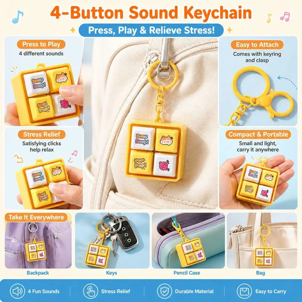 Plastic Sound Button Keychain Four Button Layout Press Activated Sound Fidget Keychain Cartoon Pattern Square Shape